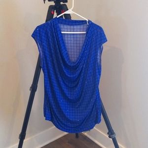 Sleeveless Royal Blue Drape Neck Top w/Grid Pattern and Colored Lines.